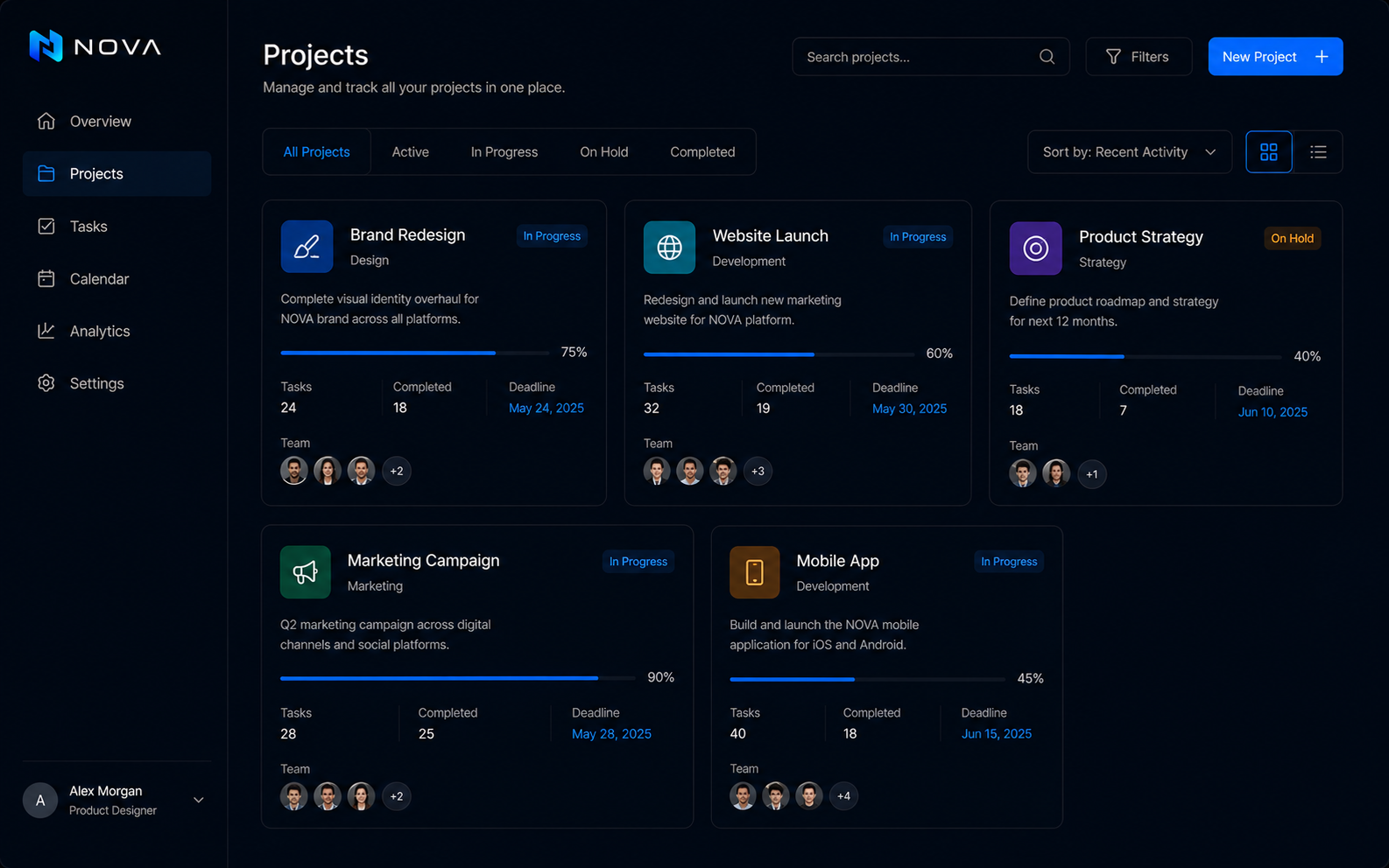 NOVA projects interface